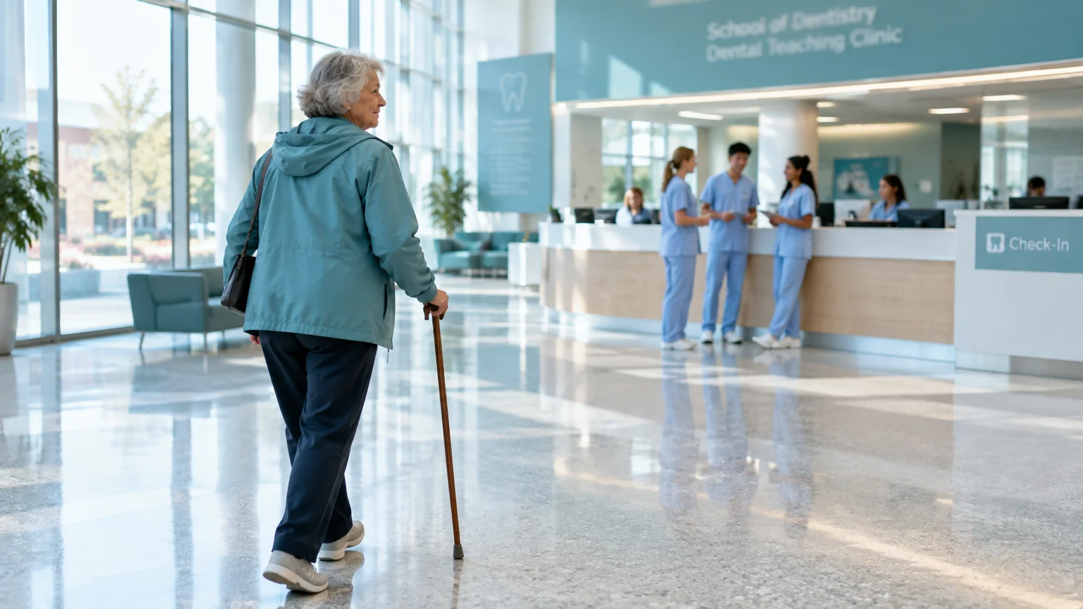 Senior woman with a walking cane approaching the check-in reception desk at a modern dental school teaching clinic.