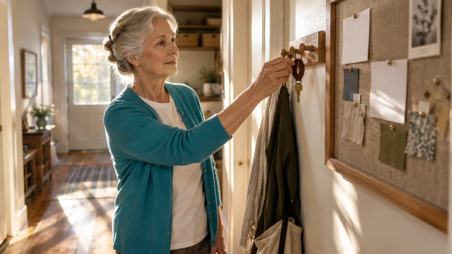 Senior woman hanging keys on a wooden wall hook in a hallway next to a cork board with pinned notes.