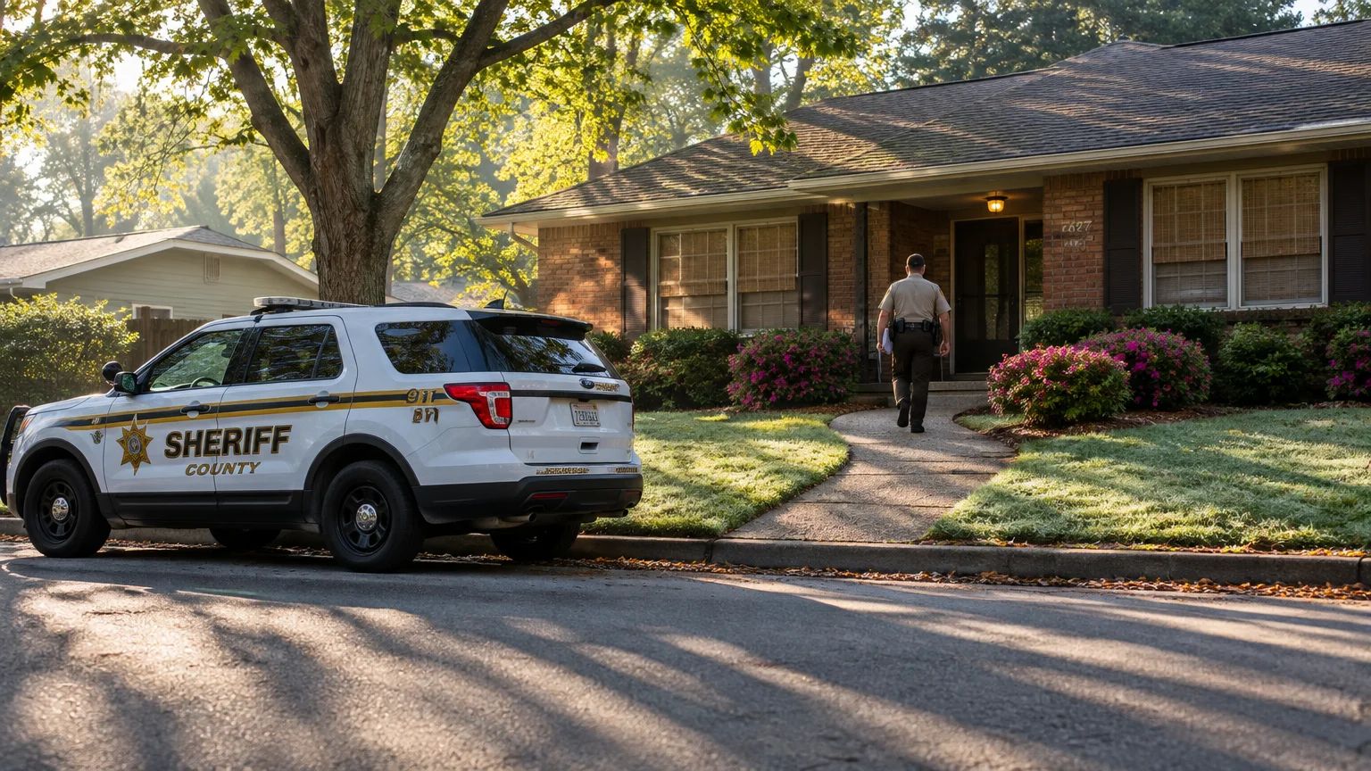 A sheriff's deputy walks up the front walkway toward a suburban brick house next to a parked county patrol SUV.