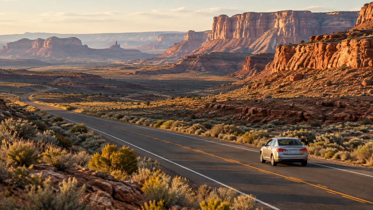 A silver sedan drives along a winding paved desert highway flanked by red rock cliffs and canyon formations.