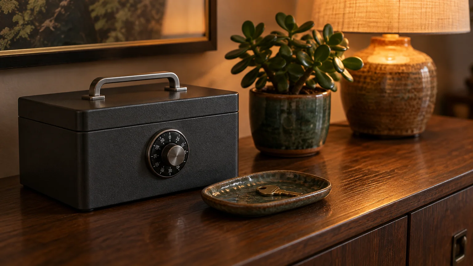 A small black lockbox with a combination dial sits on a wooden sideboard near a key, potted plant, and lamp.