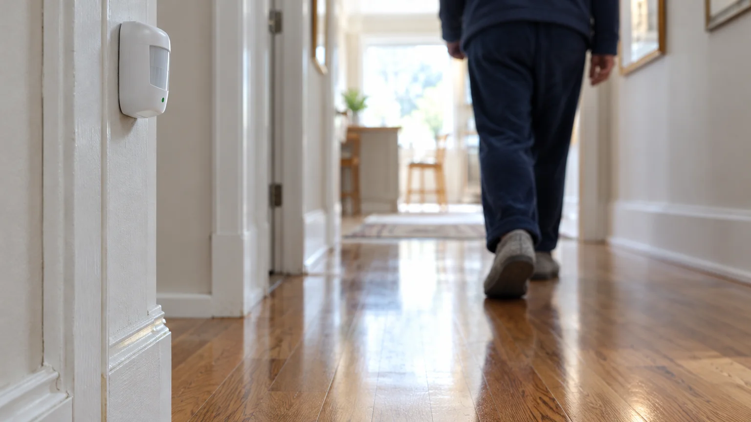 White motion sensor mounted on a wall frame as an older person walks down a polished hardwood hallway.