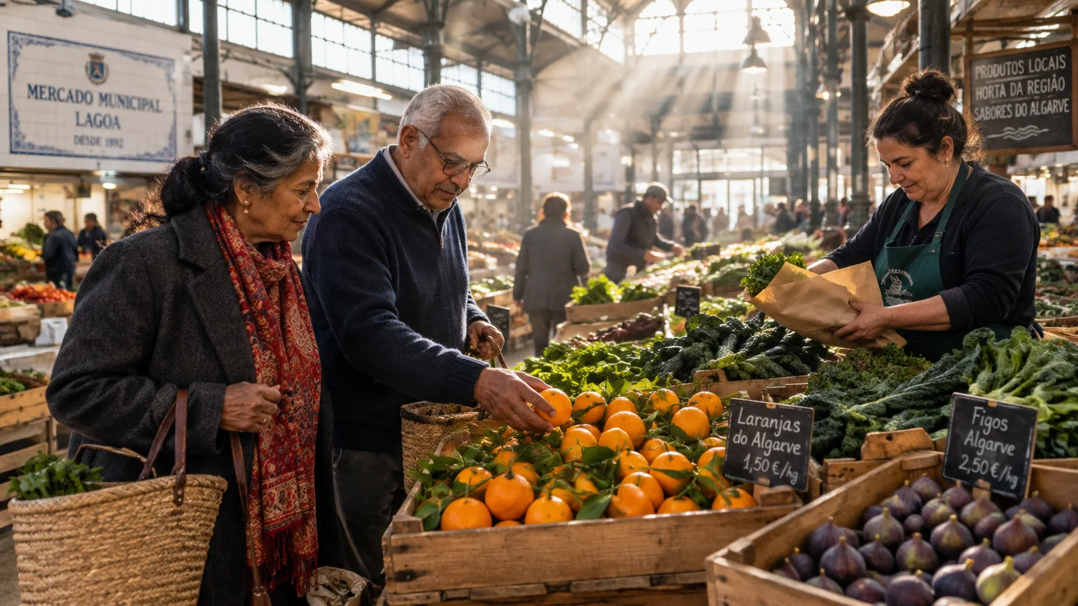 A couple shops for fresh produce at an indoor market stall filled with oranges, figs, and leafy greens.