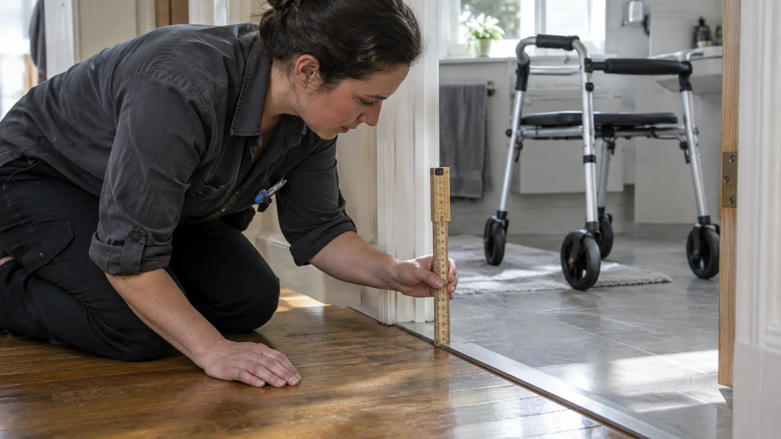 A woman kneels on a wood floor using a ruler to measure a metal threshold in a doorway near a rolling walker.