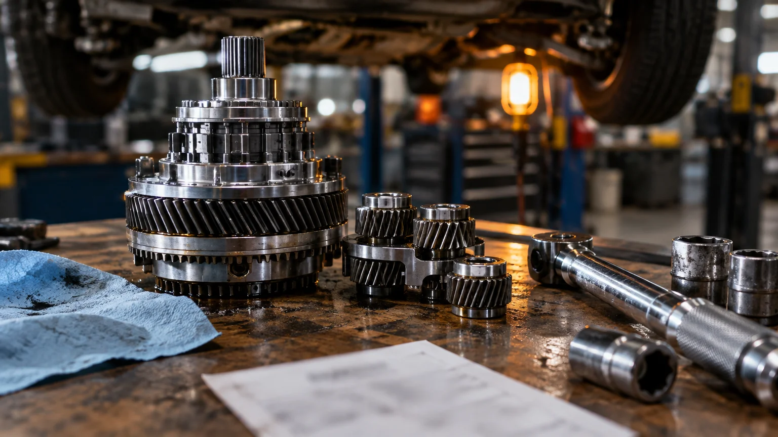 Disassembled metallic transmission gears, sockets, and a torque wrench laid out on a mechanic workbench under a car lift.
