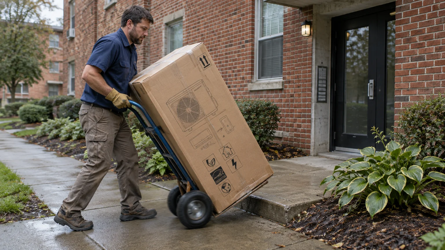 Delivery worker moving a large boxed air conditioning unit on a hand truck outside a brick building.