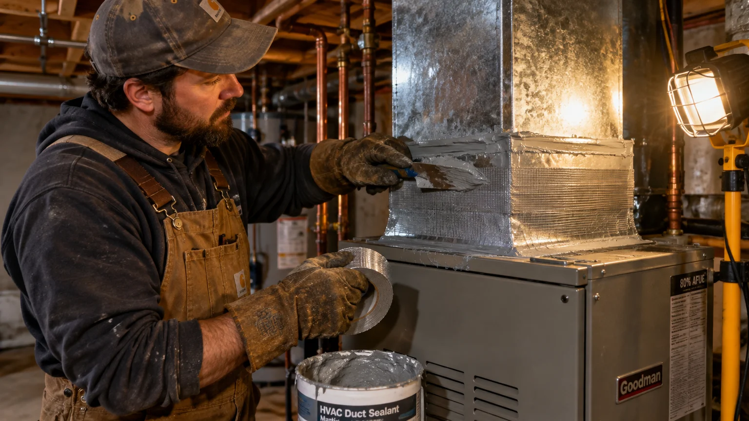 Worker in brown overalls applies mastic sealant to metal ductwork above a furnace using a putty knife.