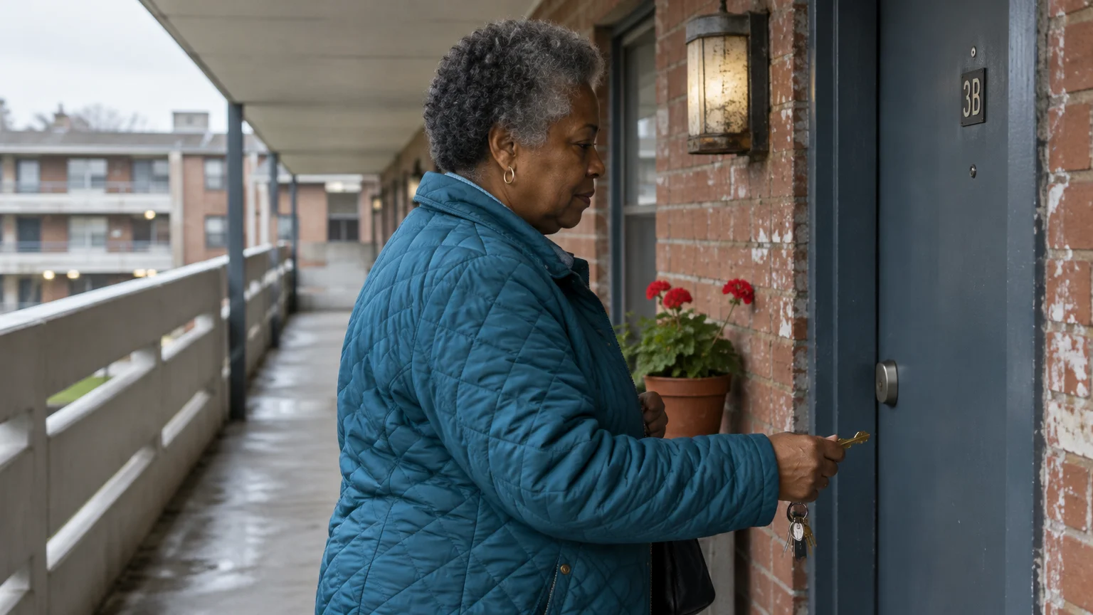A woman in a blue quilted jacket unlocks an apartment door labeled 3B on an outdoor residential walkway.
