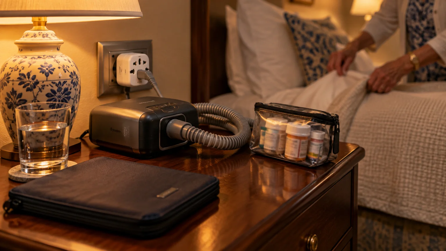 CPAP machine plugged into an international wall adapter next to medication bottles on a wooden hotel nightstand.