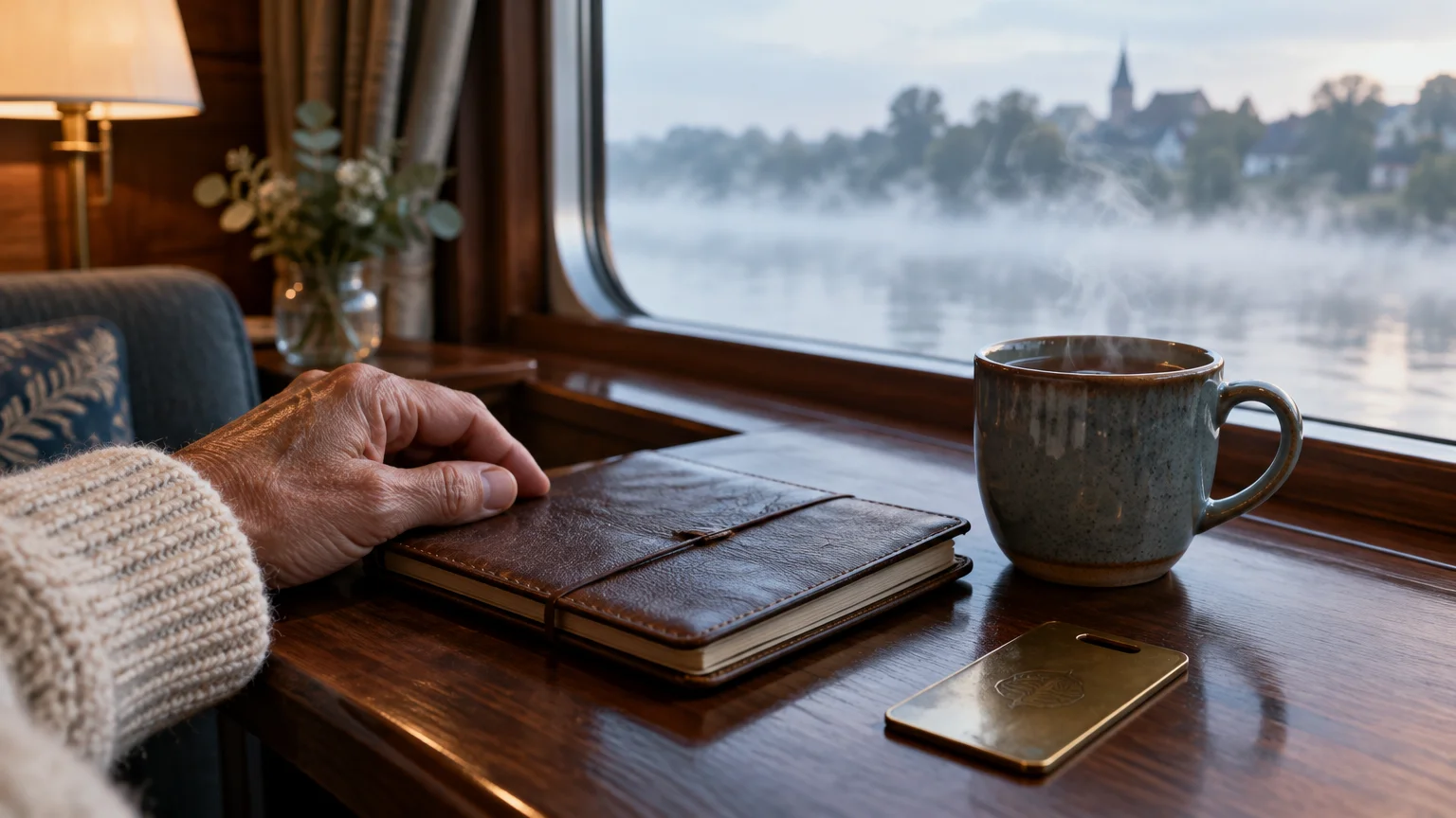 Hand resting on a leather journal beside a steaming mug by a train or ship window overlooking a misty river.