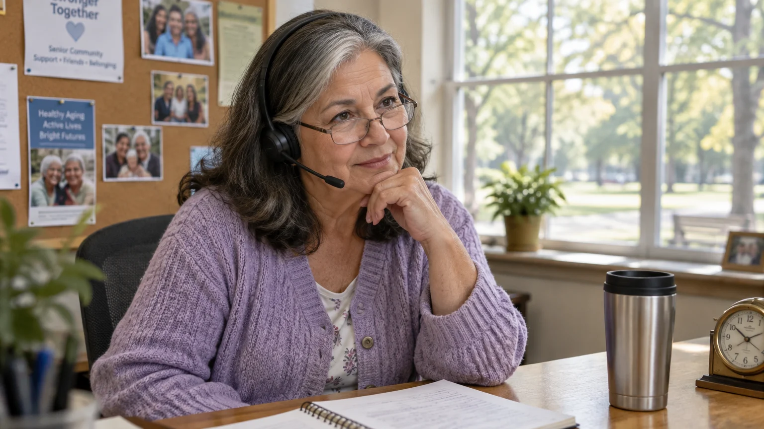 A smiling woman wearing a telephone headset sits at an office desk with a notebook, tumbler, and bulletin board behind her.