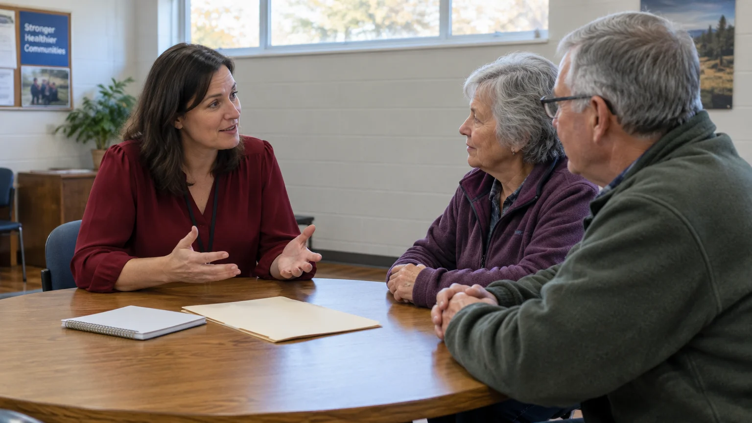 A woman in a red shirt gestures while speaking with an older couple seated across a round wooden table.
