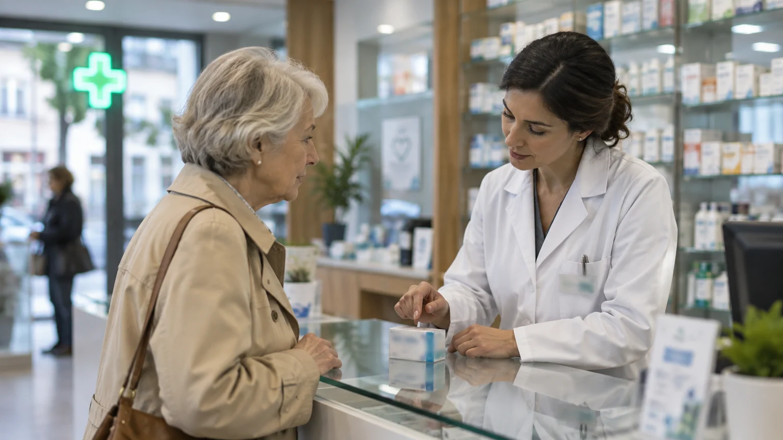 A pharmacist in a white coat assists a senior woman across the counter in a modern pharmacy.