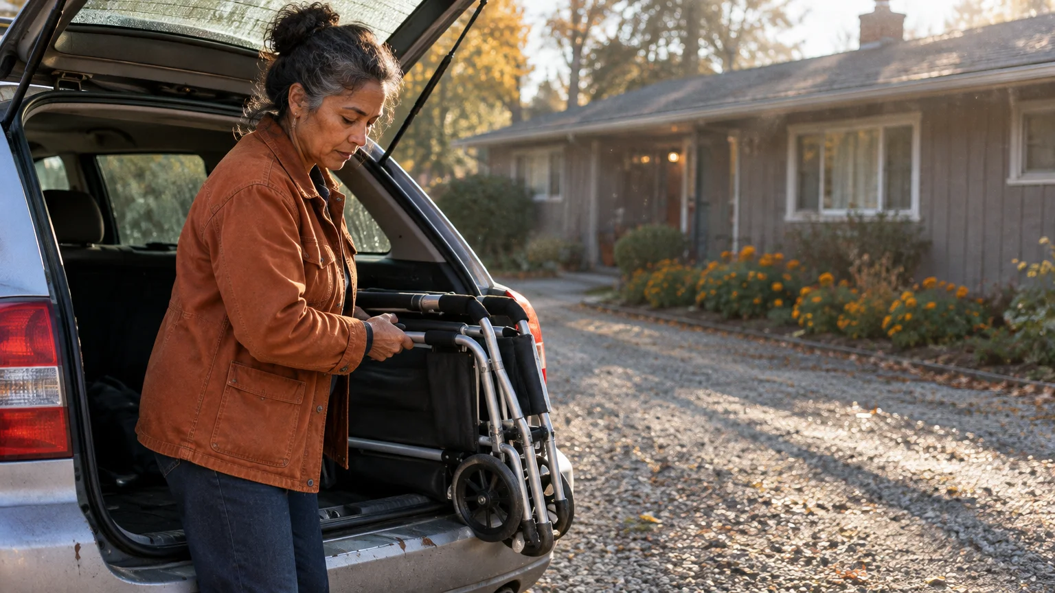 A woman lifts a folded wheelchair out of the open trunk of a car parked outside a house.