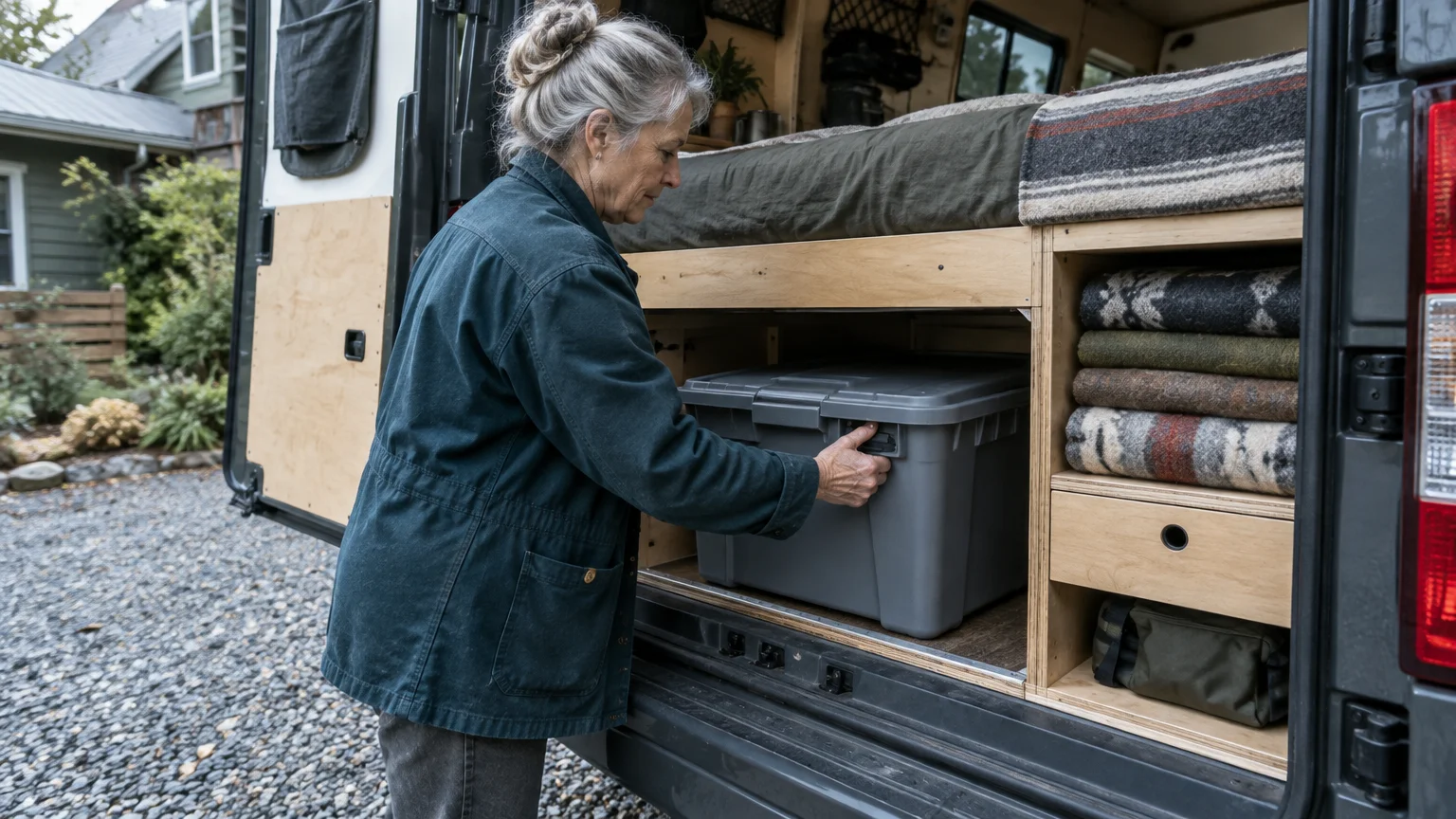 A woman packs a plastic storage tote under the bed platform inside the back of a camper van.