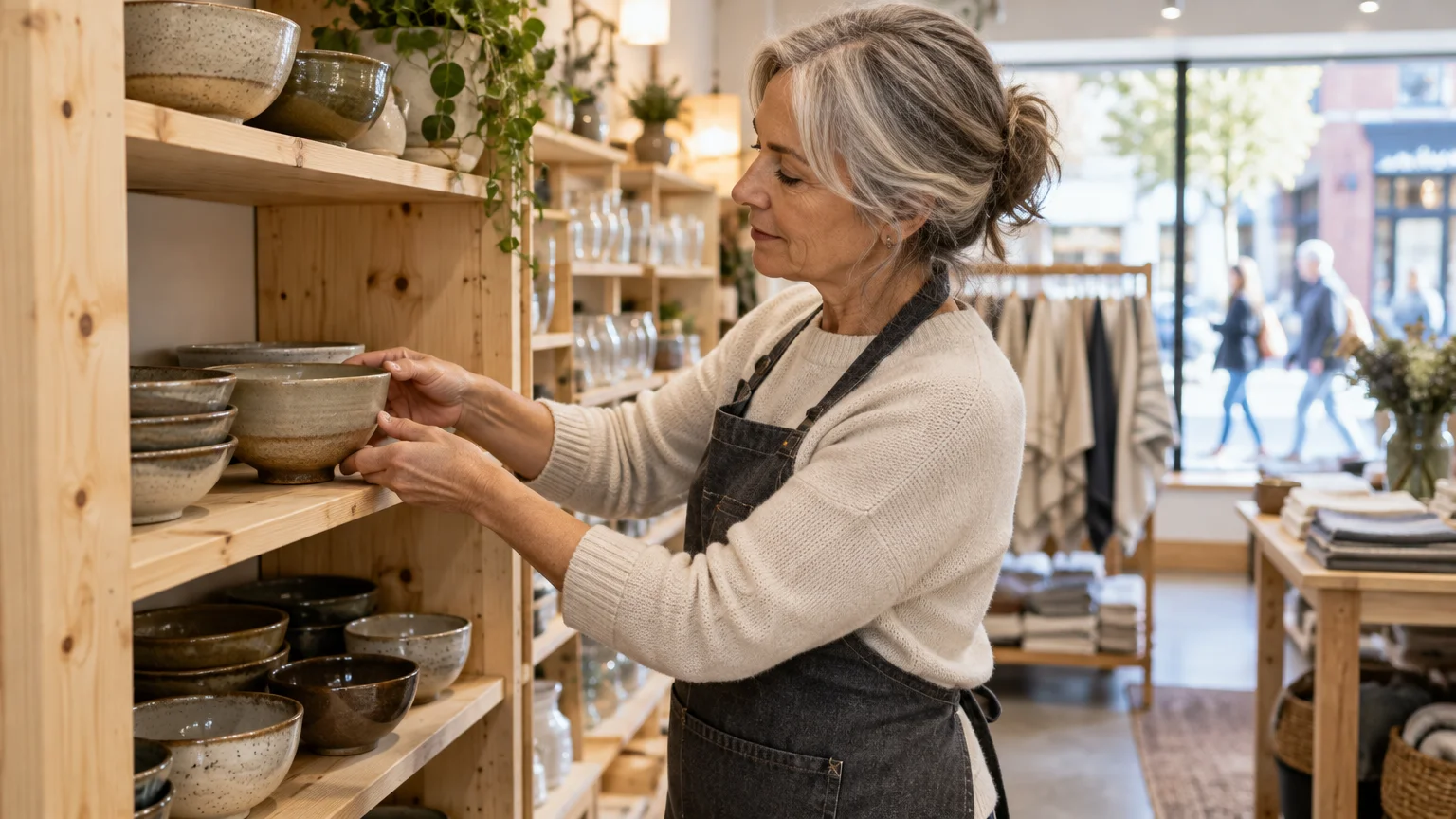A mature woman wearing an apron arranges ceramic bowls on wooden shelves inside a boutique shop.