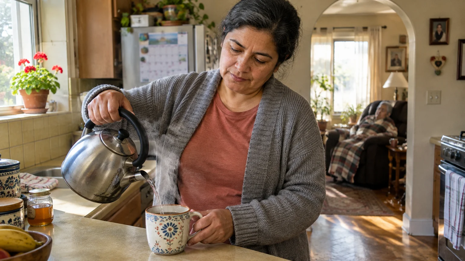 A woman pours hot water from a kettle into a mug in a kitchen while an elderly person rests in an armchair nearby.