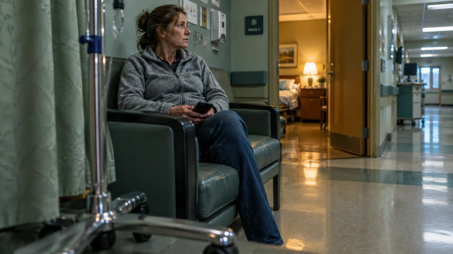 A woman sits holding a smartphone in an armchair in a hospital hallway outside an open patient room.