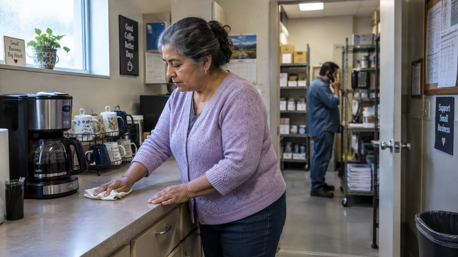 A woman wipes down a breakroom counter next to a coffee maker while a coworker talks on the phone in the background.