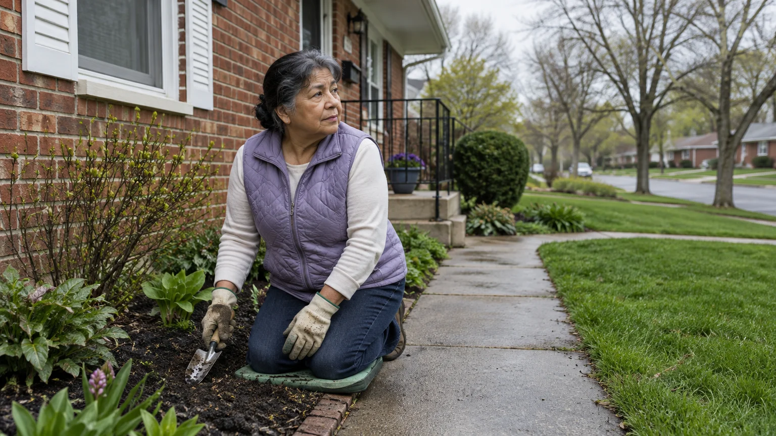 A senior woman kneels on a pad by a brick house, gardening with a hand trowel along a suburban sidewalk.