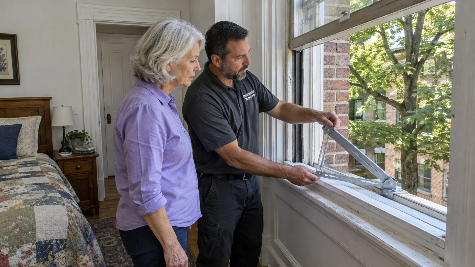 A technician shows an older woman a metal mounting bracket being fitted on an open apartment window sill.
