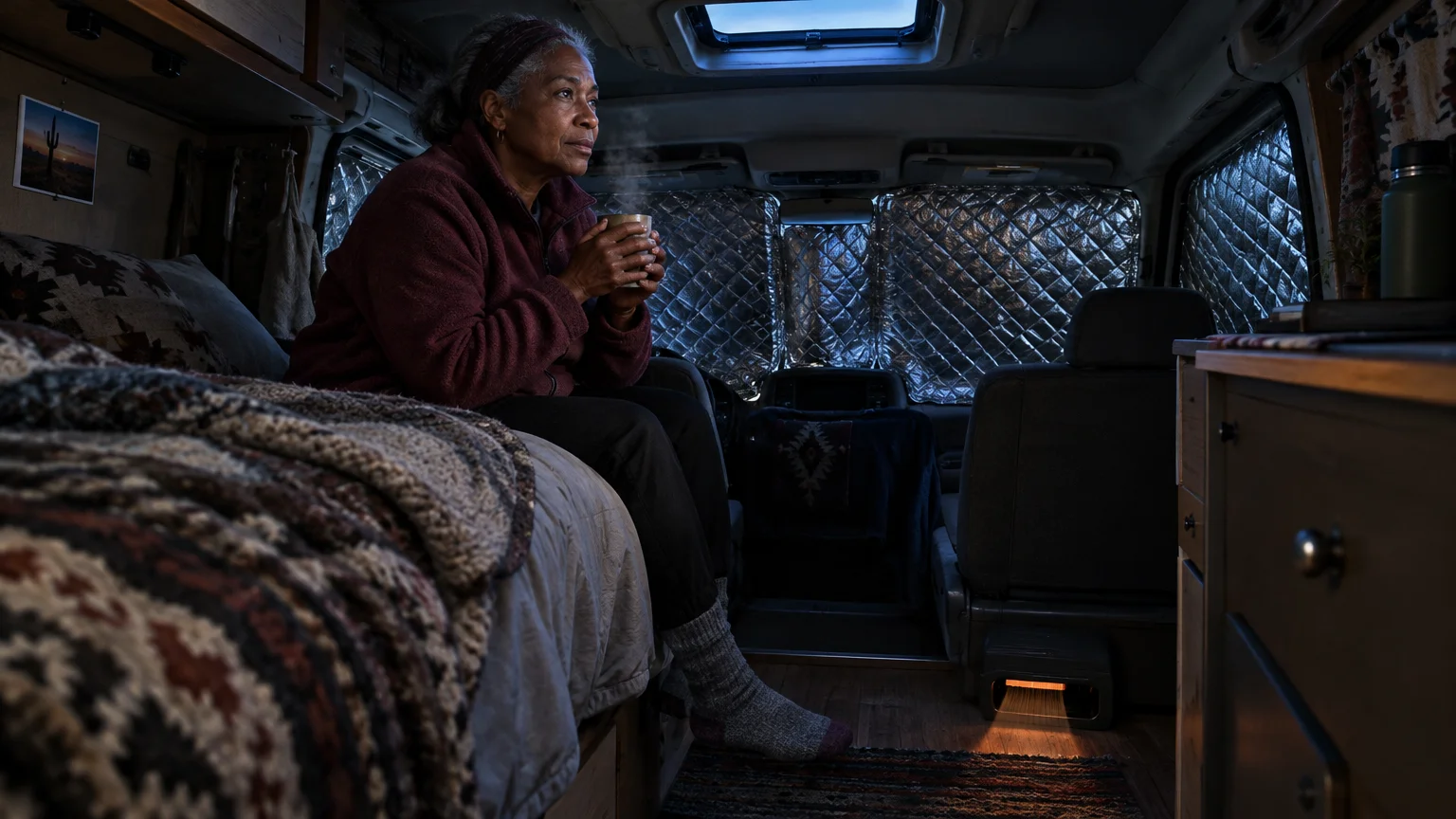 A woman sits inside a camper van holding a warm mug near a small floor heater with insulated window covers installed.