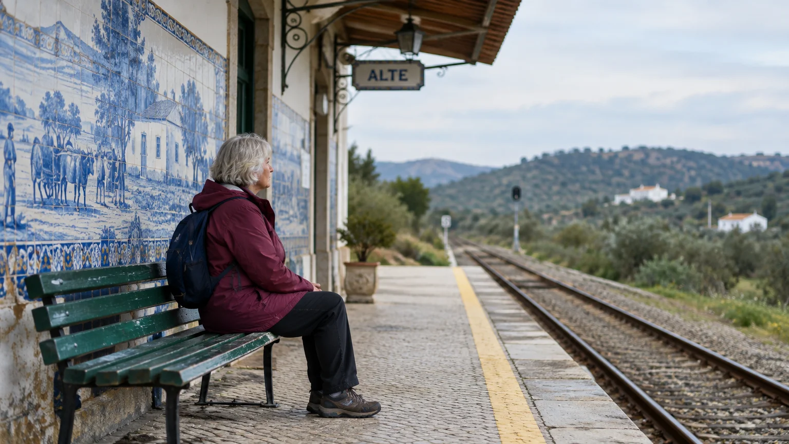 A woman sits on a bench on an outdoor train station platform beside tiled azulejo walls and train tracks.