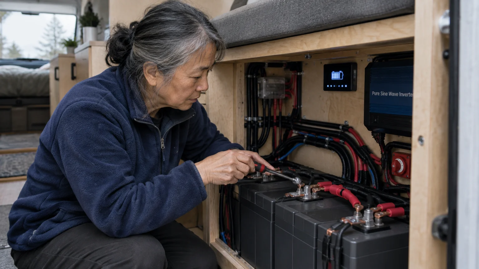 A woman adjusts battery terminals in a campervan electrical compartment with a digital monitor and inverter.