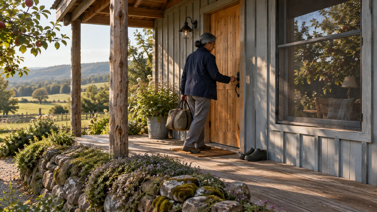 A senior woman carrying a travel bag unlocks the door on the wooden porch of a rustic countryside cottage.