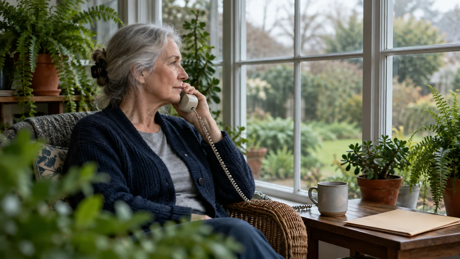 Senior woman sitting in an armchair by a window, talking on a corded landline telephone beside house plants.