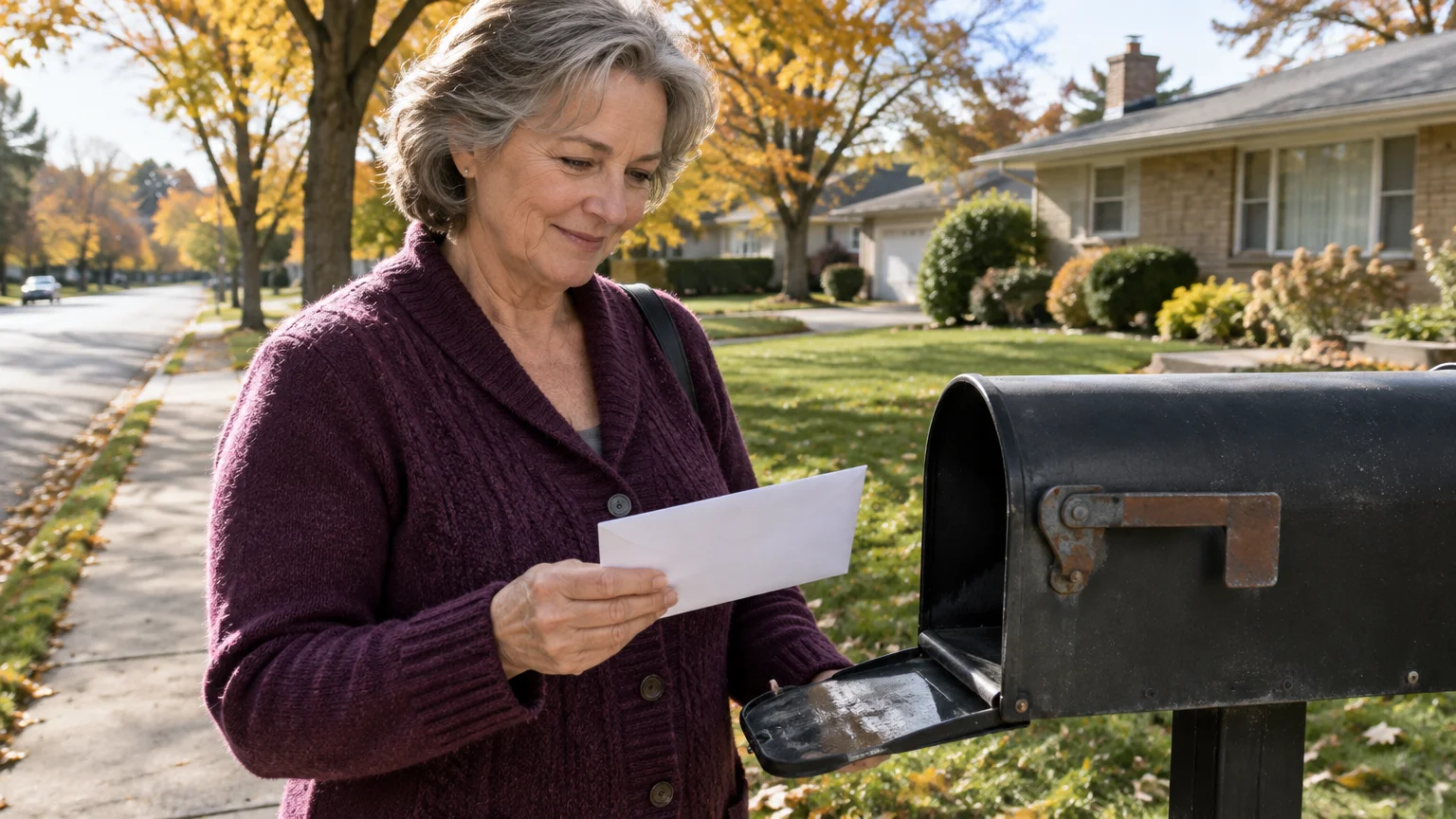 A smiling mature woman in a purple sweater retrieves a white envelope from a curbside black mailbox on a suburban street.