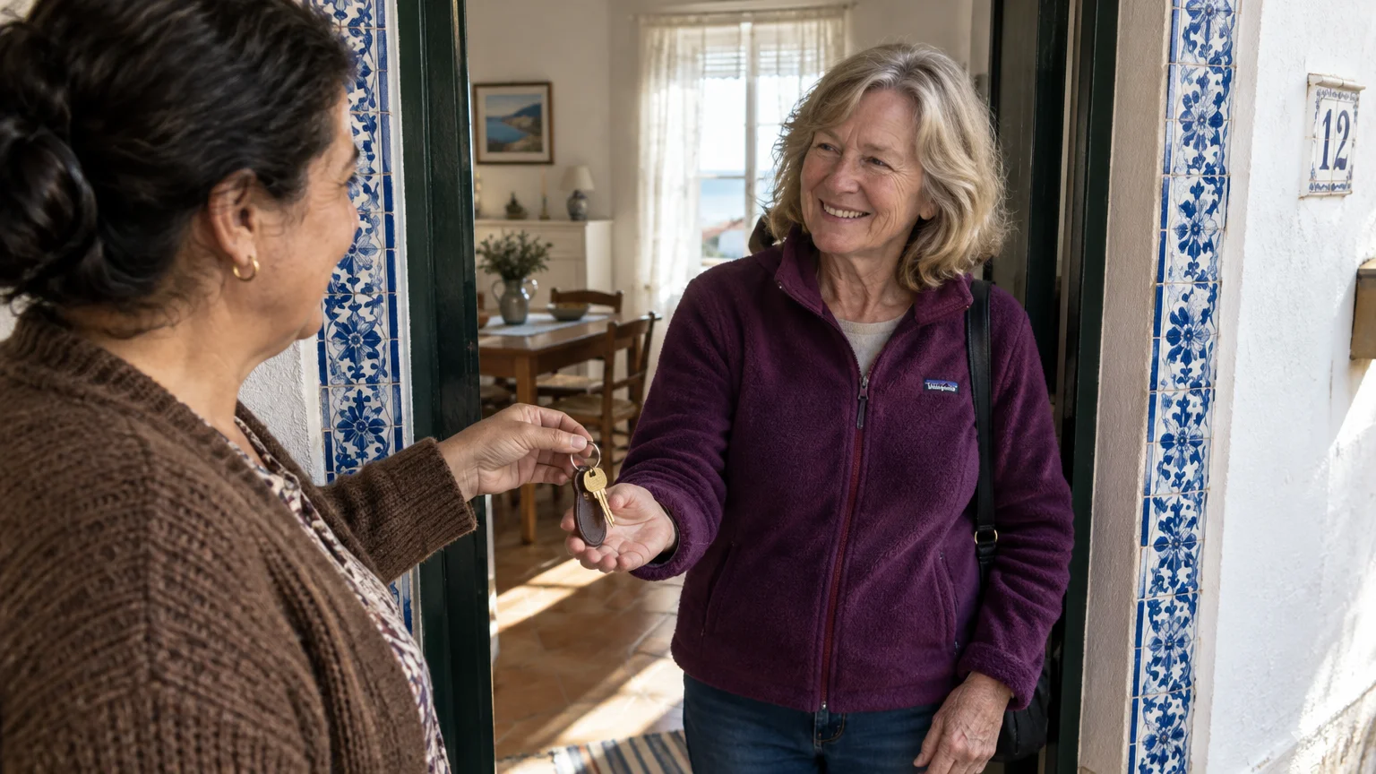 A woman hands keys to a smiling traveler standing in the doorway of a home framed by blue-and-white tiles.