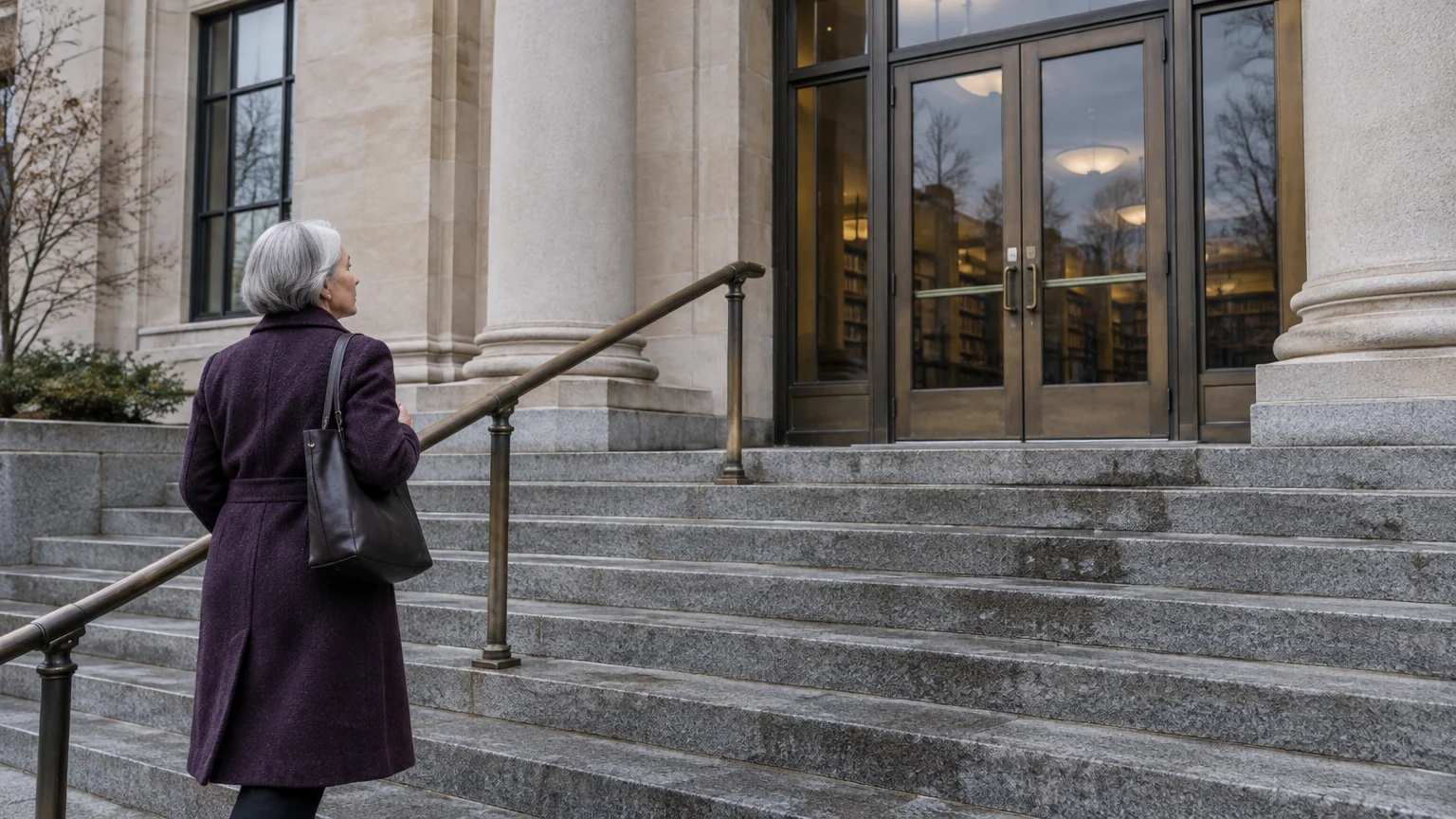 Older woman in a purple coat walking up stone steps toward the entrance of a building with columns and glass doors.