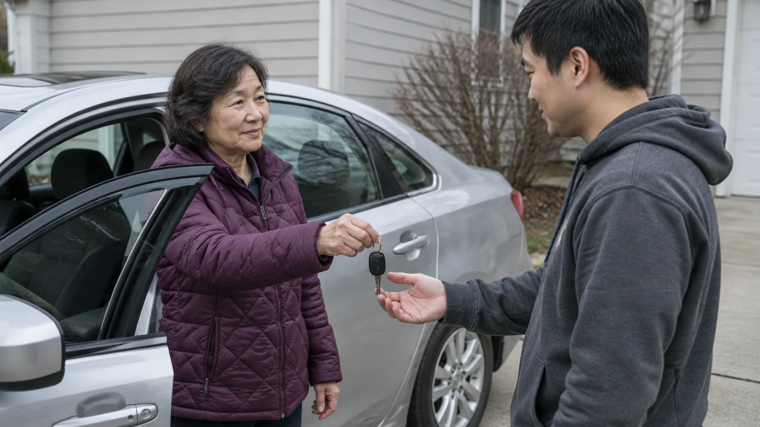 A woman handing car keys to a young man standing beside an open silver car in a residential driveway.
