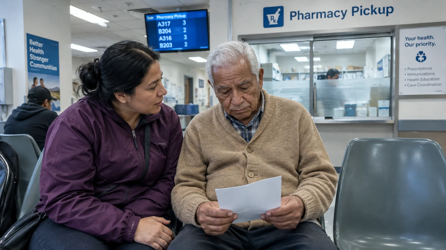 A woman and an older man sit in a clinic pharmacy waiting area reviewing a white paper document together.