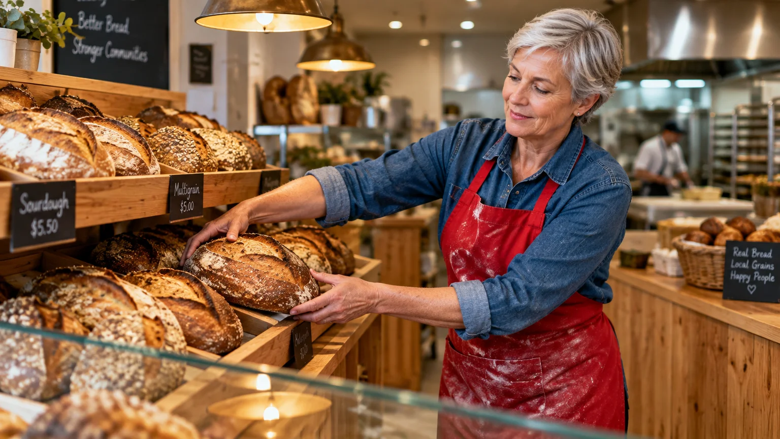 An older woman wearing a red apron arranges fresh sourdough bread loaves on wooden display shelves in a bakery.
