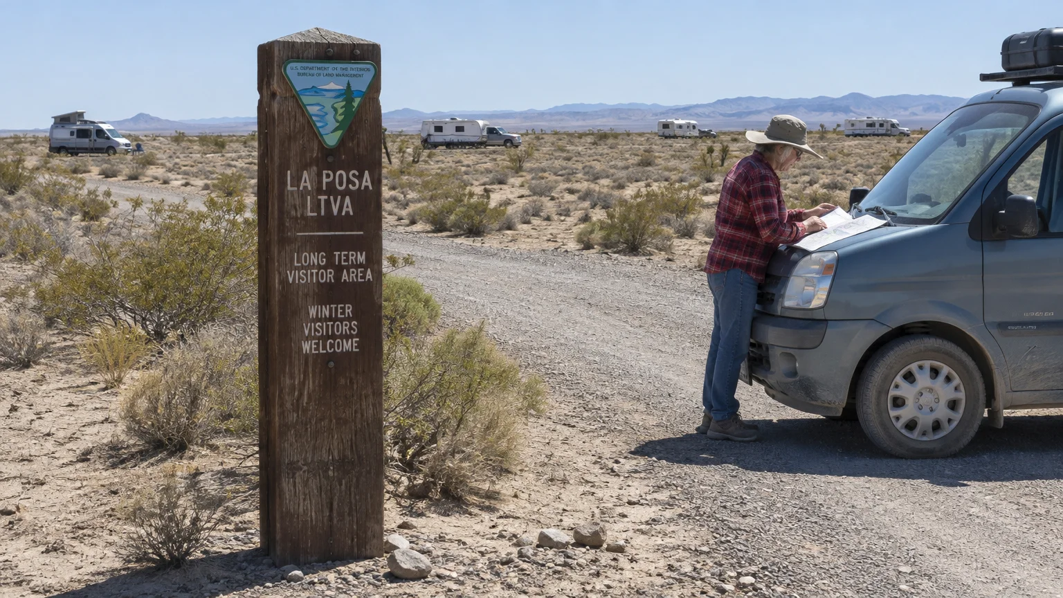 A person reviews a map on a van hood beside a wooden La Posa LTVA sign in a desert landscape.
