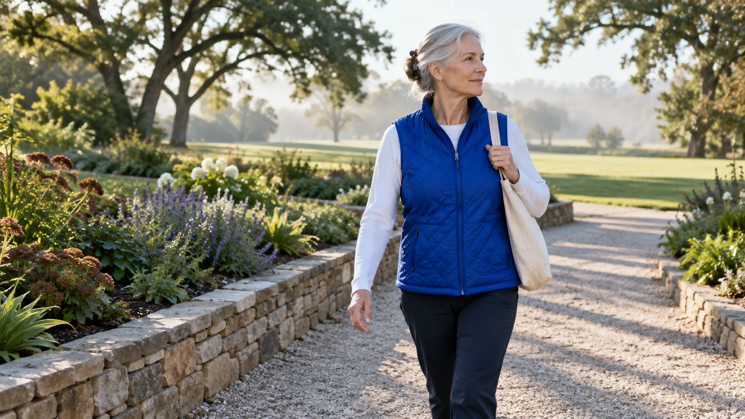 Mature woman with gray hair in a blue quilted vest walking along a gravel path by stone flower beds.