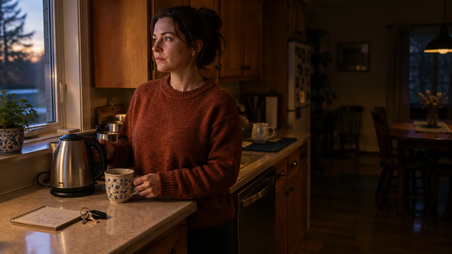 A woman in a rust sweater holds a mug by a kitchen window near an electric kettle, notebook, and keys.