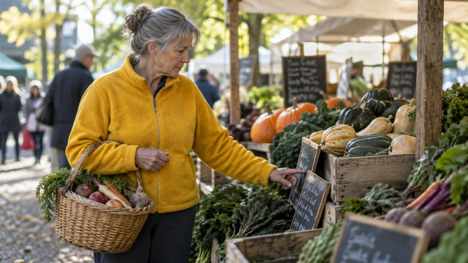 Older woman in a yellow fleece jacket holding a basket of produce while examining a chalkboard sign at a farmers market stall.
