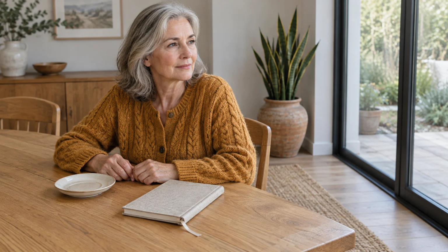 Senior woman with gray hair in an ochre sweater sits at a wooden dining table, gazing pensively toward a glass patio door.