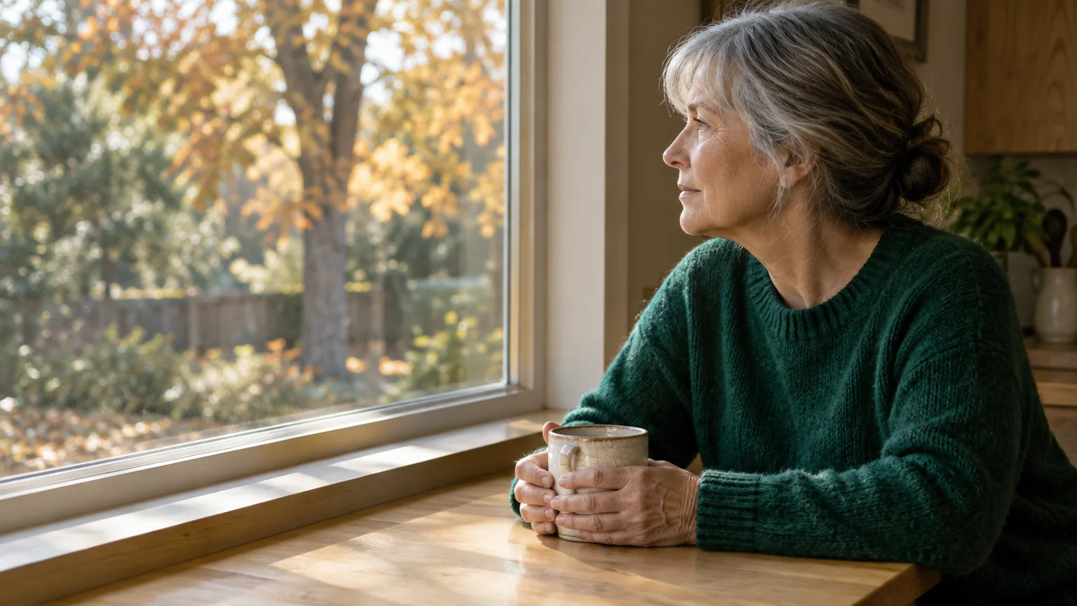 A senior woman with grey hair sits at a wooden counter holding a mug and gazing out a sunlit window.