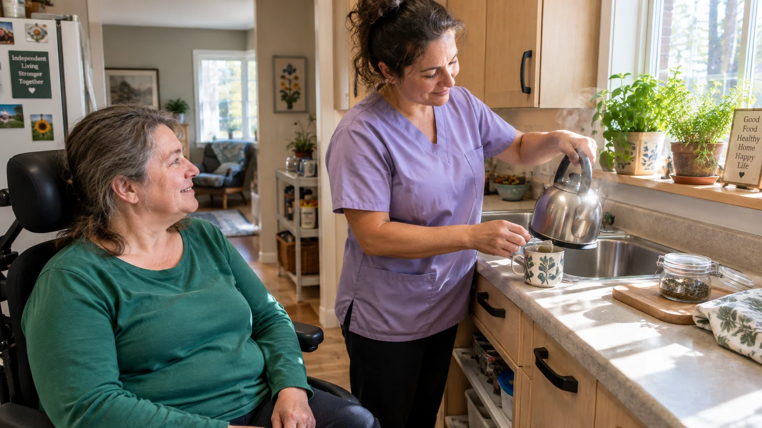 A caregiver in purple scrubs pours hot water from a kettle into a mug for a smiling woman sitting in a wheelchair.