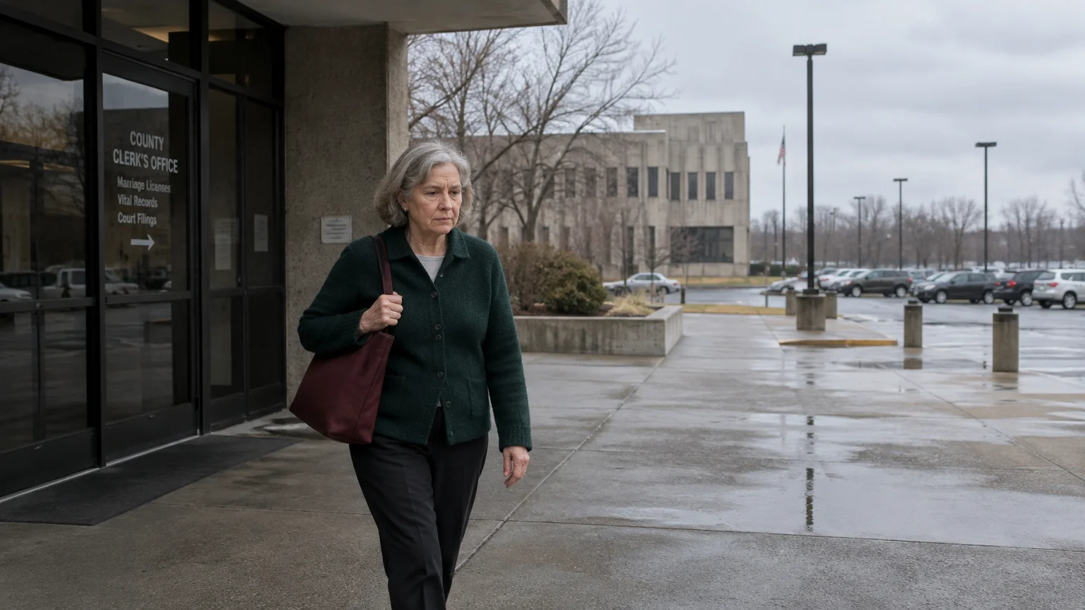An older woman carrying a shoulder bag walks past a county clerk's office on a wet sidewalk.