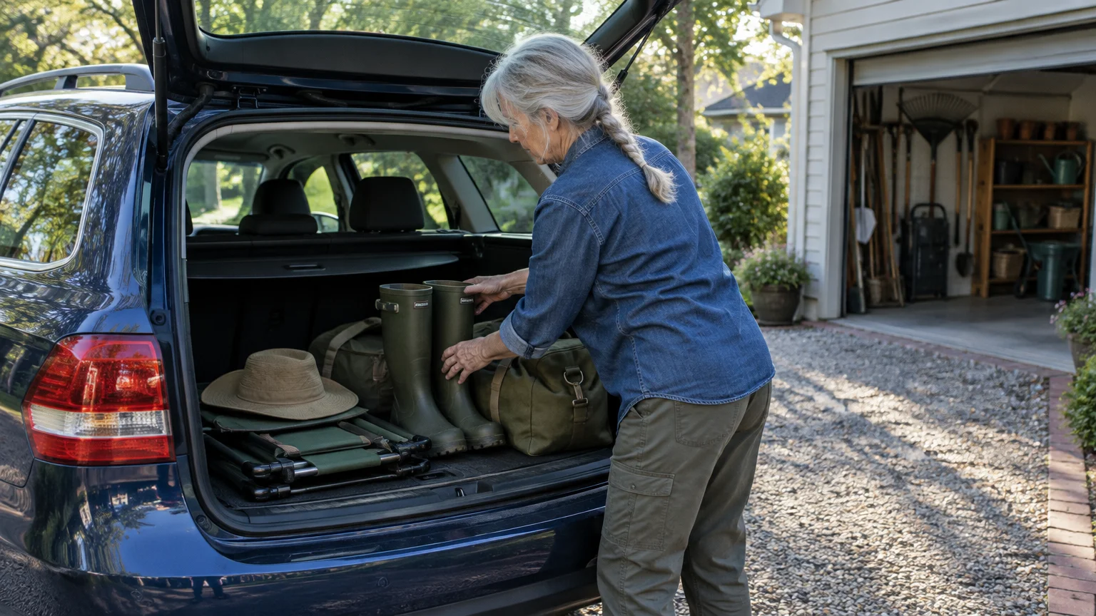 A woman packs green rubber boots, duffel bags, and a sun hat into the open trunk of a blue car in a gravel driveway.