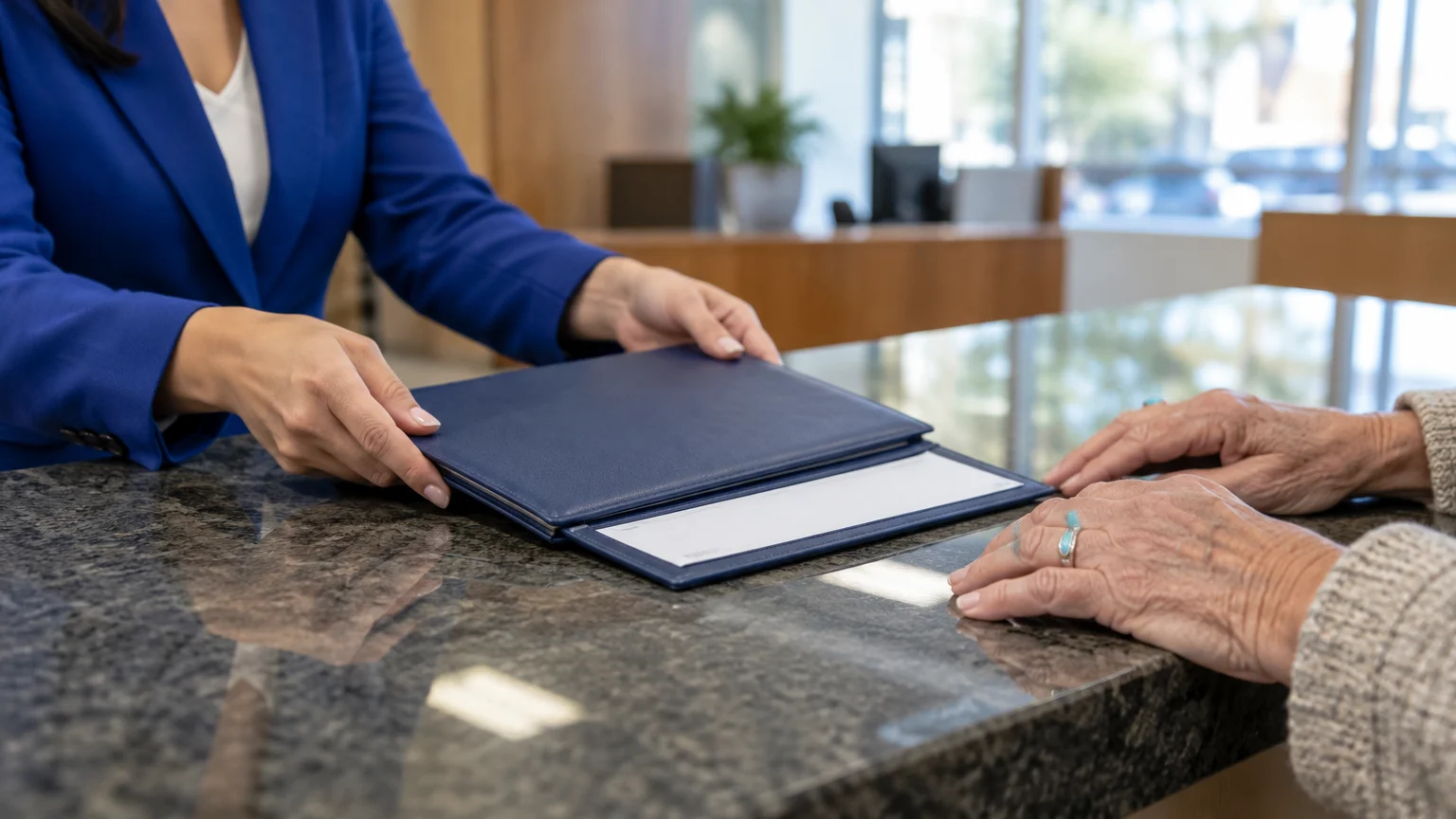 Bank employee in a blue blazer handing a blue folder across a counter to an older customer.