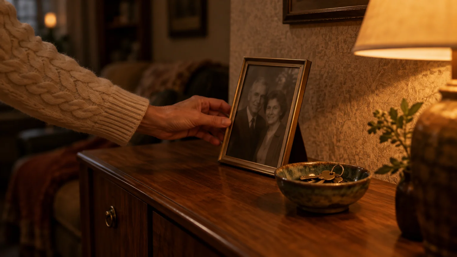 A person wearing a white knit sweater adjusts a framed black-and-white portrait of an elderly couple on a wooden sideboard.