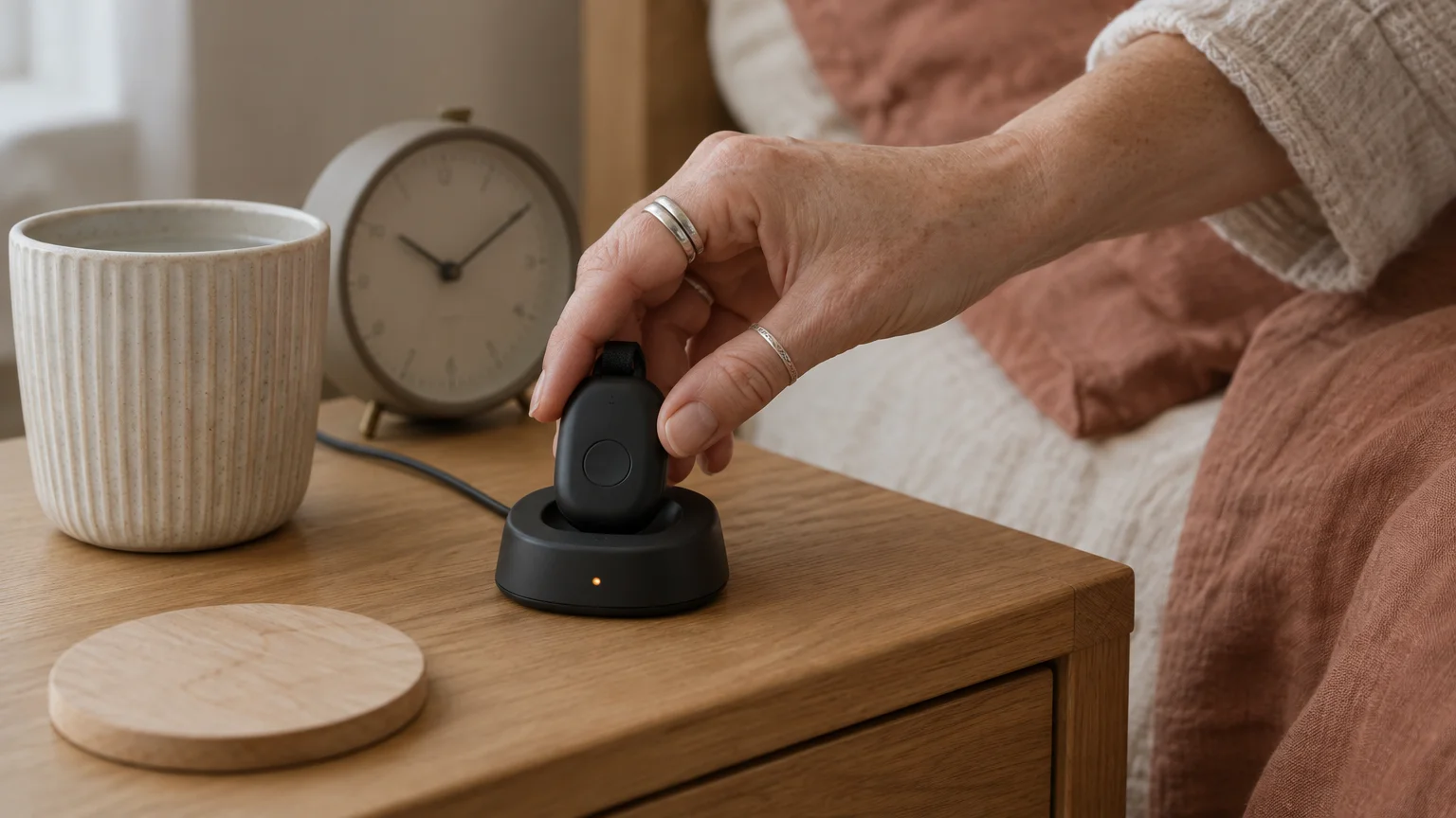 A senior person's hand placing a small black medical alert pendant into its bedside charging cradle.