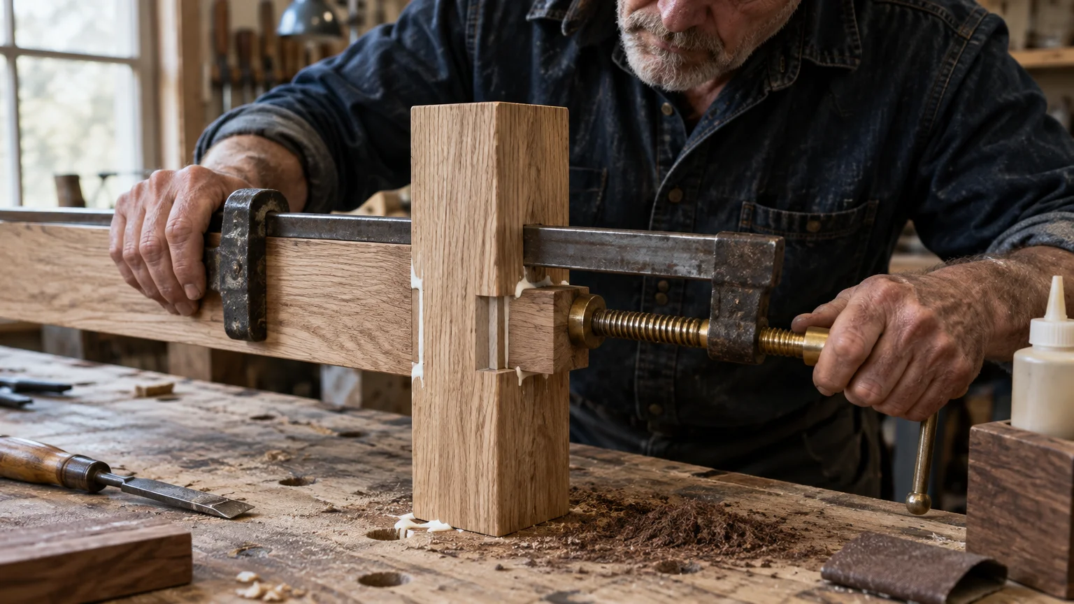 Woodworker tightening a heavy bar clamp onto a glued mortise-and-tenon joint on a wooden workbench.