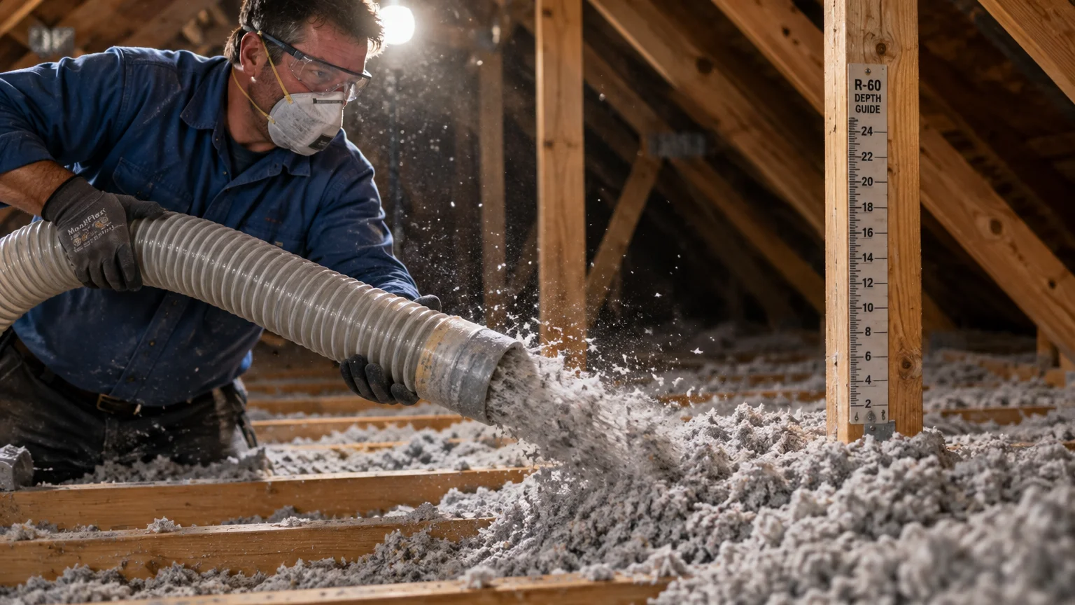 Worker wearing a respirator mask sprays loose blown-in cellulose insulation into an attic near a depth measurement ruler.